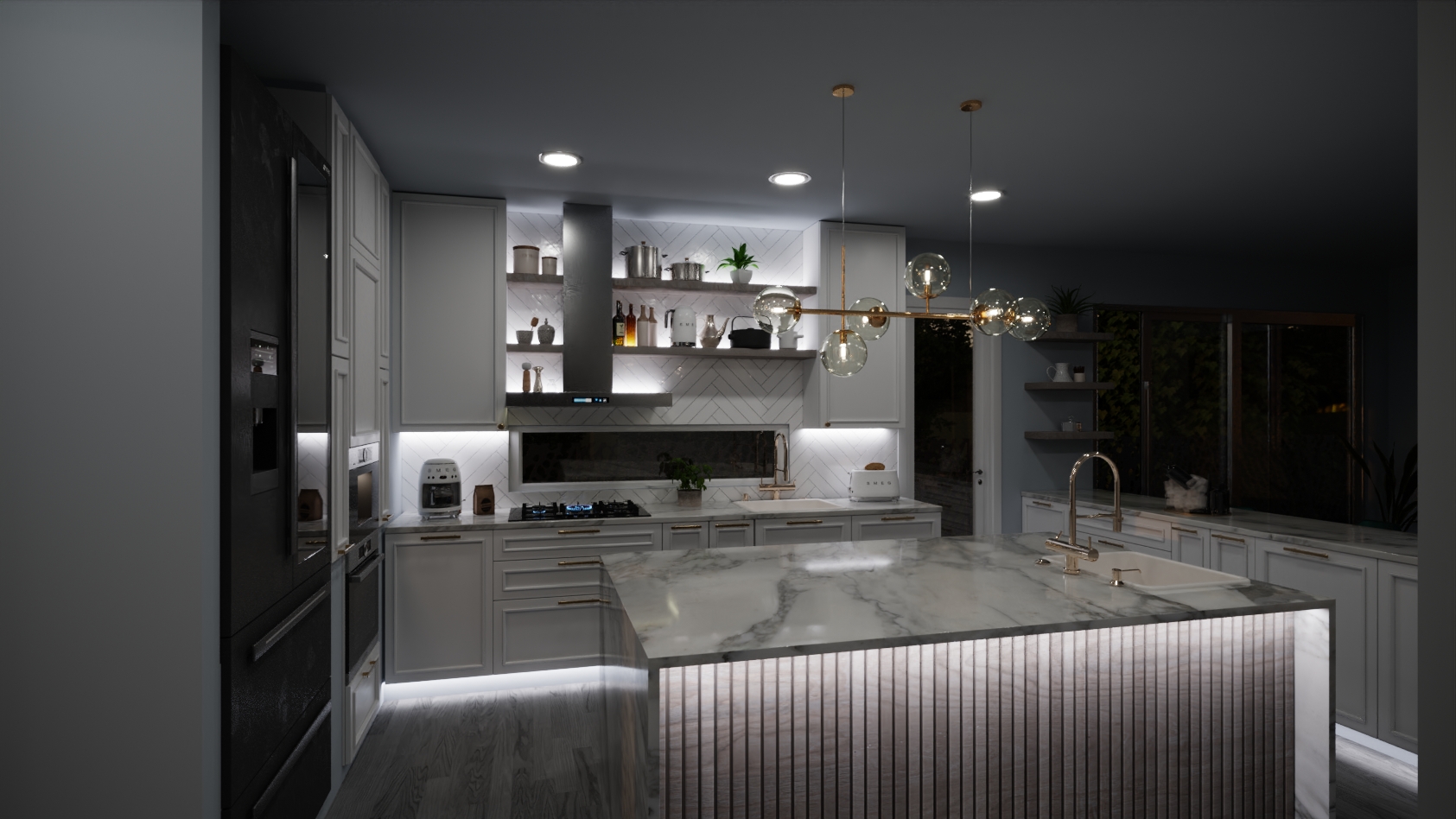 Nyon apartment kitchen at night